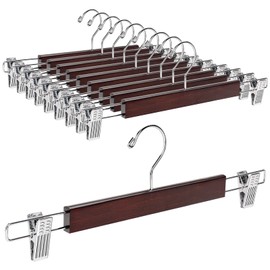Amber Home 10 Piece Natural Wooden Pants Hangers, Dark Brown, Skirt Hangers, Pants, Bottoms, Slacks, Shoes, Clothes, Anti-Shape, Anti-Slip, Adjustable, Strong Clips, Wrinkle Resistant, 360 Degree Rotating Steel Hook, Rust Resistant, Drawer, Closet, Stora