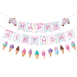 WERNNSAI Birthday Party Banner - Ice Cream Happy Birthday Banner for Kids Party Decoration Ice Cream Theme Birthday Supplies for Girls Summer Birthday Party Decor Hanging Pre-Strung Pink