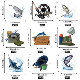 JarThenaAMCS 36Pcs Fish Party Dessert Cupcake Toppers 9 Styles Fishing Gear Rod Paper Cupcake Picks Go Fishing Theme Decorations for Fisherman Baby Shower Boys Girls Happy Birthday Party Supplies