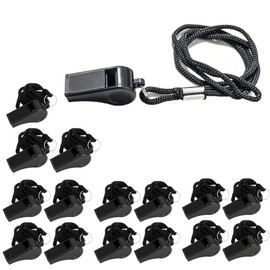 16 Packs Black Plastic Sports Whistles with Lanyard, Ideal for Coaches, Referees, Training, Outdoor Camping Accessories, Emergency Survival