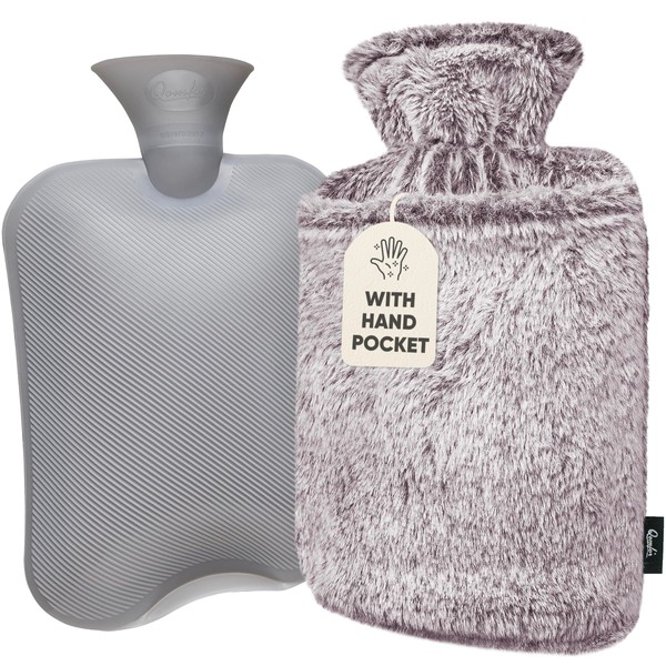 Qomfor Hot Water Bottle with Cover - Premium Fluffy Faux Fur Cover with Kangaroo Pocket - 1.8l Large - Hot Water Bag for Pain Relief, Neck and Shoulders, Hands and Feet, Cosy Nights (Dark Grey)