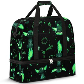 Gym Bag for Men Women, Green Axolotl Carry on Travel Duffel Bag with Trolley Sleeve, Waterproof Weekender Overnight Bags with Shoes and Wet Clothes Compartment for Sleepover Workout Sports