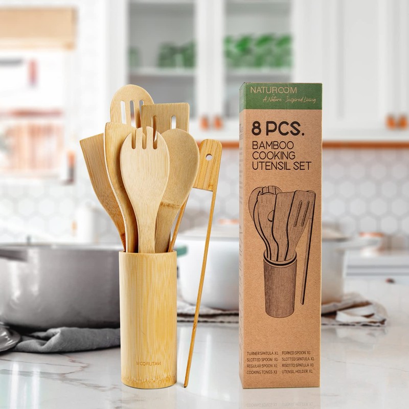 Naturoom Kitchen Utensils Set of 8 PCS, 12Inches Bamboo Wooden