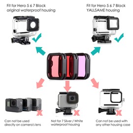YALLSAME Underwater Dive Filter for GoPro 5 6 7 Super Suit Waterproof Housing Case, Red + Light Red + Magenta Filter Set for Color Correcting in Underwater Photography