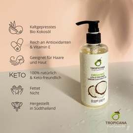 Tropicana Virgin Coconut Oil USDA Organic 8.45 fl. oz. Whole Kernel Cold-Pressed Coconut Oil Hexane-Free Not-Hydrogenated Great for Hair & Skin with Delicious Light Coconut Flavor & Aroma