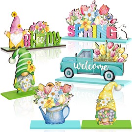 Anglechic 6 Pcs Spring Gnome Tabletop Decorations Spring Table Decor Welcome Spring Tiered Tray Decorations Set Flower Truck Wooden Signs Gnome Rustic Table Centerpiece for Home Spring Party