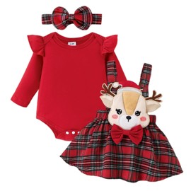 DOMOABEI Baby Girl Christmas Outfit6-9 Months Fall Winter Clothes Long Sleeve Romper Plaid Suspenders Skirt Elk Embroidery Baby Girl Fall Christmas Dress Headband 3 Pcs Red 6-9 Months