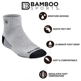 Premium Bamboo Crew Work Socks- Quarter High Moisture Wicking, Odor Eliminating Light Gray Quarter Crew Socks for Men Size 6-8 - 3 Pair