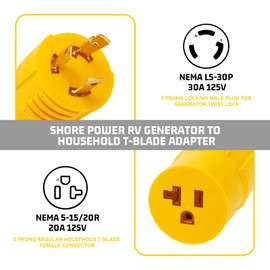 30 Amp Shore Power RV Generator Adapter Compatible with NEMA L5-30P to 5-15/5-20R Marine 30 Amp to 110V 15 A/120V 20 A Household Regular Inlet Connector, 3-Prong Locking Generator Cord