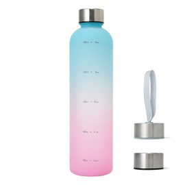 TRIP.INN Water Bottle with Time Marker, 1 Liter Water Bottle, Lightweight, Stylish, Blue x Pink