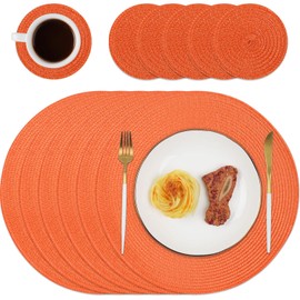 Homcomodar Round Placemats and Coasters Set of 6 Braided Woven Table Place Mats for Dining Table(Orange)