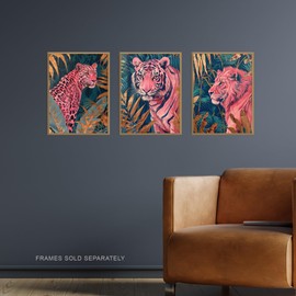 Artery8 Set of 3 Pink Tiger Leopard Lion Gold Teal Jungle Living Room 12X16 Inch Wall Art Prints Pack