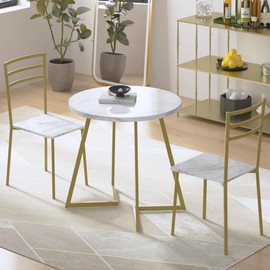 VECELO Small Round Dining Table Set for 2, Wood Tabletop with Strong Metal Frame, Modern Dinette with Chairs for Kitchen, Breakfast Nook Living Room, White & Gold