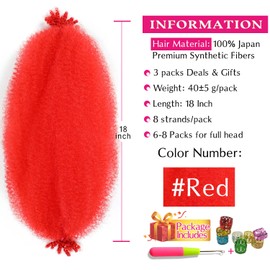 Hbegant Afro Twist Hair 18" 3 Paquetes, Cabello Afro Twist Elástico Pre-Esponjado, Cabello Spring Twist Pre-Separado, Envoltura De Cabello Para Extensiones De Cabello Soft Locs(18"(Paquete De 3)) Rojo