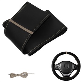 Steering Wheel Cover PU Leather Car Steering Wheel Cover for Lacing Sewing Striped Sport Design M4 Black Beige Universal Size 37-38 cm