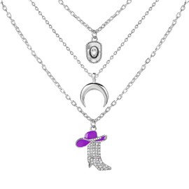 WCRAZYE Boho Layered Necklace Western Necklaces for Women Boot Bull Head Necklace Silver Cresent Moon Pendant Necklace Western Jewellery (Purple-Hat)