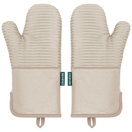 Beneno Kitchen Oven Mitts 2-Pack Heat Resistant to 500°F with Non-Slip Silicone Grip, Extra Long 14.3" Forearm Protection, Soft Quilted Cotton Terry Lining, Ideal for Cooking, Baking, Grilling, Beige