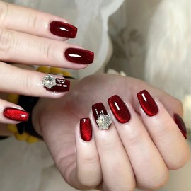 Dikixe Red Cat Eye Long Coffin Diamond Glossy Press On Nails,Handmade Durable Salon Reusable Fake Nails for Women Girls, Nails in 12 Sizes - 24PCS Stick On Nails Kit