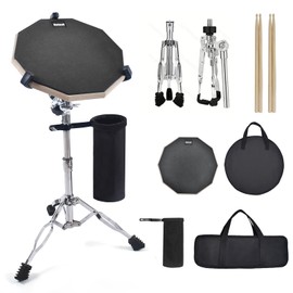 Seteol Drum Practice Pad Set, 12 Inch Double Sided Silent Drum Pad with Storage Bag + Adjustable Snare Drum Stand with Carry Bag + 2 Pair Drum Sticks with Drumstick Holder, Fits 10"-14" Drums (Black)