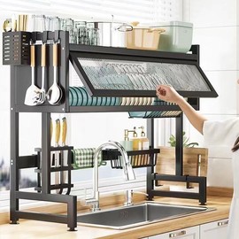 Household kitchen storage rack with cabinet door sink dish storage rack multi-layer functional countertop drain rack kitchen sink countertop dust-proof storage storage bowl drying rack - Color: black-83cm
