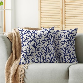 Smozenith Navy Blue Coral Pillow Covers 18X18 Set of 2, Summer Beach Coastal Themed Beachy Ocean Cream Print Decorative Throw Pillowcases Outdoor Farmhouse Seasonal Cushion Cases Couch Sofa Bed Decor