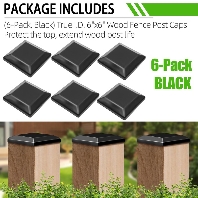TonGass (6-Pack, Black) True I.D. 6x6" Wood Fence Post Caps,