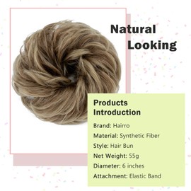 Hairro Messy Hair Bun, Large Mesy Bun Hair Piece Wavy Curly Scrunchies Thick 55g Ombre Brown Updo Chignon Synthetic Hair Extensions Hairpieces for Women Girls, 12T24 Golden Brown Mixed Ash Blonde