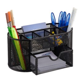 Relaxdays Metal Desk Organiser, Office Tray with Pen Holder and Drawer, H x W x D: 10.5 x 22 x 11 cm