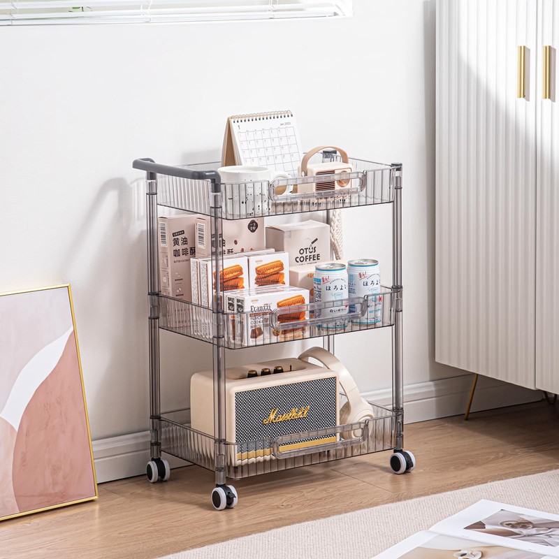 HYBRIDEAS Clear 3-Tier Rolling Utility Cart Organizer with Wheels and