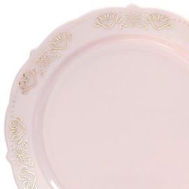 " OCCASIONS " 100 Plates Pack,(50 Guests) Vintage Wedding Party Disposable Plastic Plates Set -50x10.25'' Dinner + 50x7.5'' Salad/Dessert Plate (Portofino Light Pink/Blush with Gold)
