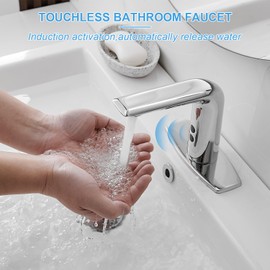 BWE Automatic Motion Sensor Touchless Bathroom Sink Faucet Electronic Infrared Hands Free Commercial Vanity Faucets Battery or Plug-in Powered,with Control Box and Temperature Mixer,Polished Chrome