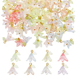 SUPERFINDINGS 80PCS 8 Colors Acrylic Flower Charms Lily Floral Pendants with Pearl Beads Bell Orchid Leaf Dangle Charms for DIY Bracelet Earrings Necklace Jewelry Making Crafts