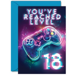 18th Gamer Birthday Cards for Men Women - You've Reached Level 18 - Happy 18 Birthday Card for Son Daughter Brother Sister Friend, A5 Eighteen Eighteenth Bday Video Game Greeting Cards