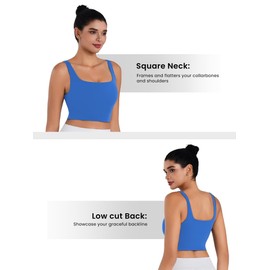 Sunzfly Square Neck Longline Sports Bra with Removable Pads Built in Bra Workout Crop Tank Top Wide Strap Short Yoga Camisole French Blue