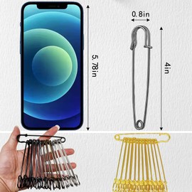 Urmspst Safety Pins (Upgraded), 4" Large Safety Pins Pack of 15 for Clothes Leather Canvas Blankets Crafts Skirts Kilts, Extra Large Safety Pin Heavy Duty Safety Pins (Brilliant Black)