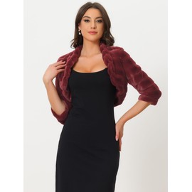 Allegra K Women's Bolero Jacket for Evening Dresses Open Front Cropped Fluffy Faux Fur Shrug X-Small Burgundy