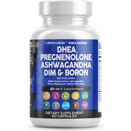 DHEA 200mg Supplement Pregnenolone 100mg for Men & Women with DIM Ashwagandha Boron 6mg Complex Calcium Magnesium Zinc 50mg Vitamin D3 5000 iu Hormone Support Capsules Pills - Made in USA 60 Ct
