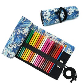 allydrew Pencil Roll Organizer, Colored Pencil Wrap Pouch (72 slots), Blue Waves