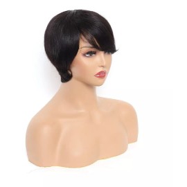 BM Peluca De Cabello Humano Corto De Color Negro Pixie Con Fleq