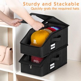 Dofilachy 2 Pack Stackable Hat Storage for Baseball Caps, Holds 28 Caps - Closet Organizer Box with Clear Window & Cardboard，Sturdy Snapback Hat Boxes for Home Storage (dark, 2)