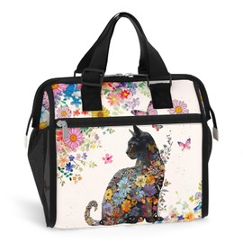 84hoods Insulated Lunch Bag for Women. Gift for Cat Lovers. Large Lunch Box for Work Office Travel Picnic with Adjustable Strap. Flower Pattern.
