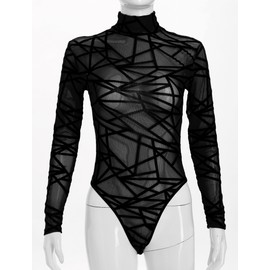 FYMNSI Women's Transparent Long Sleeve Bodysuit Turtleneck String Body Women Mesh Bodysuit Transparent Long Sleeve Body Top, Black grid