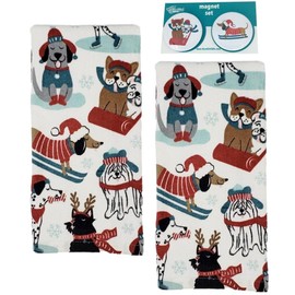 Ritz Winter Dog Lover Gift Set Dog Kitchen Towels Snow 100% Cotton and Magnets