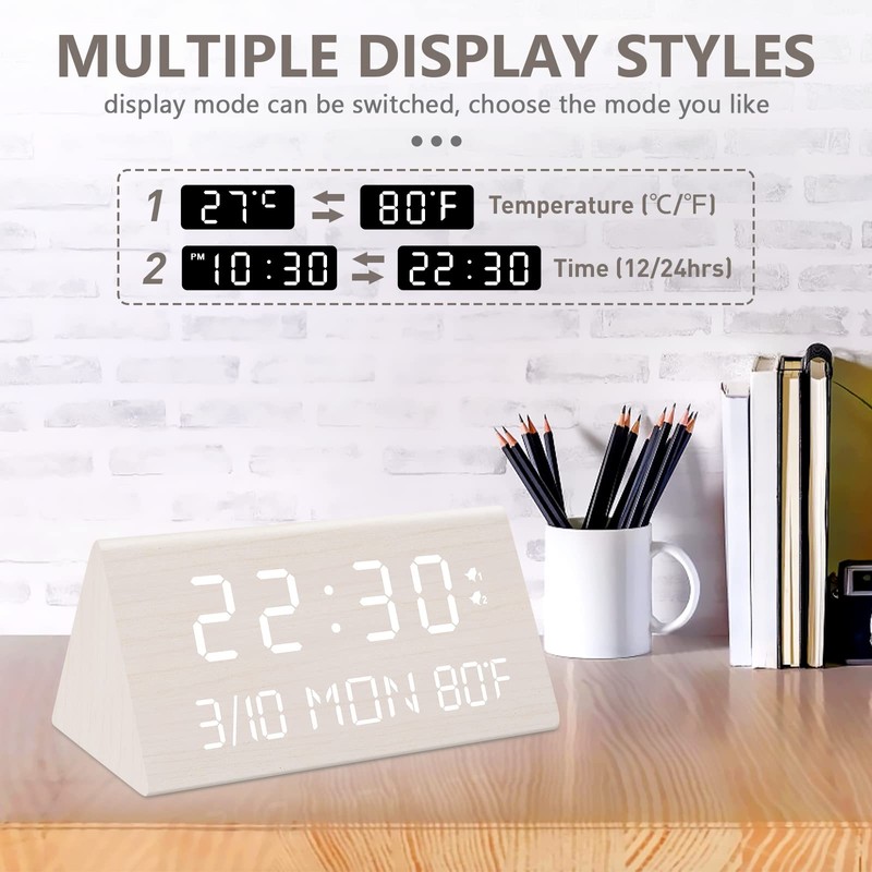 Kogonee Wooden Digital Alarm Clock, 0-100% Dimmer, 2 Alarm Settings,