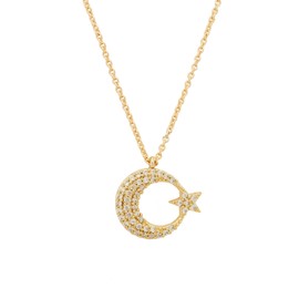 Star Gold Colour Necklace Chain with Zirconia Crystal Star Ay Yildiz Crescent Moon Star
