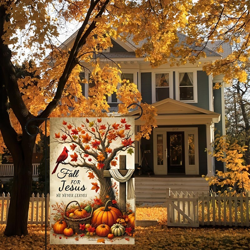 Fall Jesus Garden Flag Autumn Christian Decoration Pumpkin Cross Design