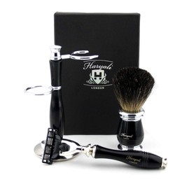 Haryali London Black Mens 3 Edge Razor Set with Black Badger Hair Brush and Stand