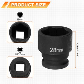 HARFINGTON 6 Point Impact Socket 28mm Metric Socket 1/2" Square Drive 1.65" (42mm) Long Phosphated Cr-Mo Steel Spindle Axle Hex Nut Sockets, Black