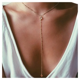 Inilbran Boho Crystal Y Necklace Chain Gold Rhinestone Y Drop Necklace Vintage CZ Necklace Long Satellite Chain Lariat Necklace Chain Jewellery for Women and Girls