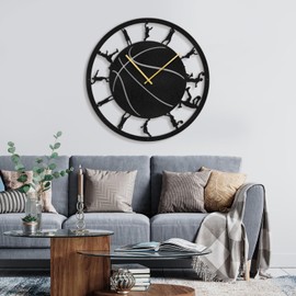 SIGNLEADER Metal Wall Clock Decor, Basketball Pose Sports Wall Art Sculpture Round Clock Silent Battery Operated Hangings Home Decoration for Living Room, Kitchen, Bathroom, Bedroom - 30" Black